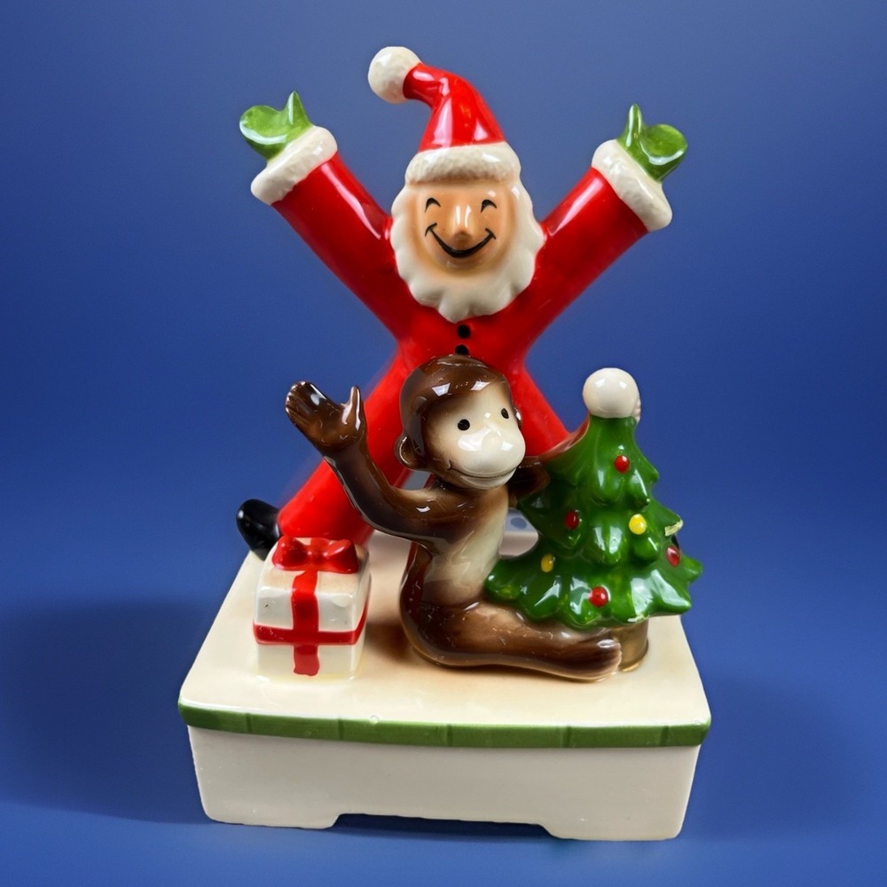 Vintage Curious George Musical Box W/ Santa 1981 Margaret E Rey Gorham RARE